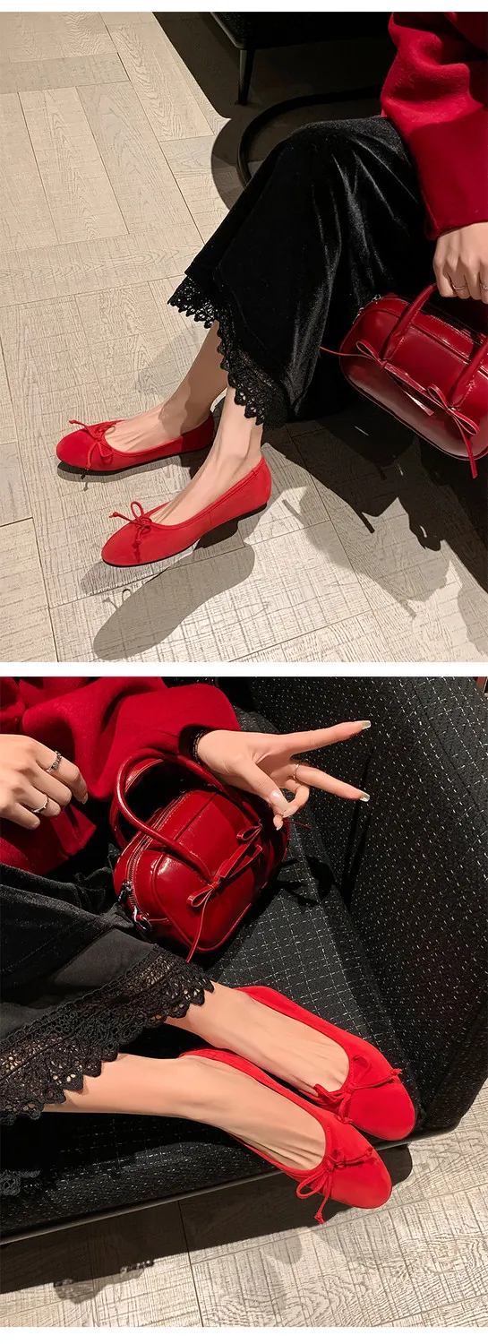 Soft sheepskin fashionable women's shoes for spring and autumn, round toe, low mouth, slip-on, flat heel, bow.