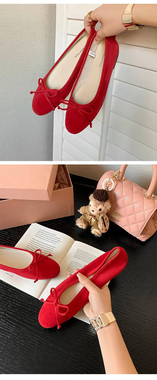 Soft sheepskin fashionable women's shoes for spring and autumn, round toe, low mouth, slip-on, flat heel, bow.