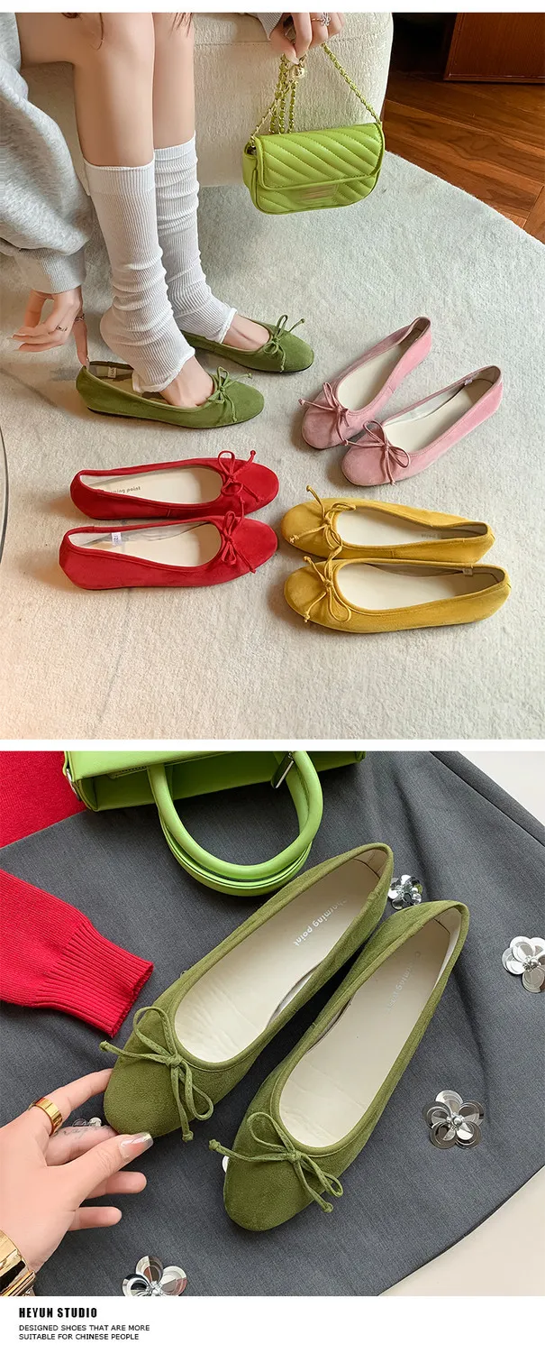 Soft sheepskin fashionable women's shoes for spring and autumn, round toe, low mouth, slip-on, flat heel, bow.
