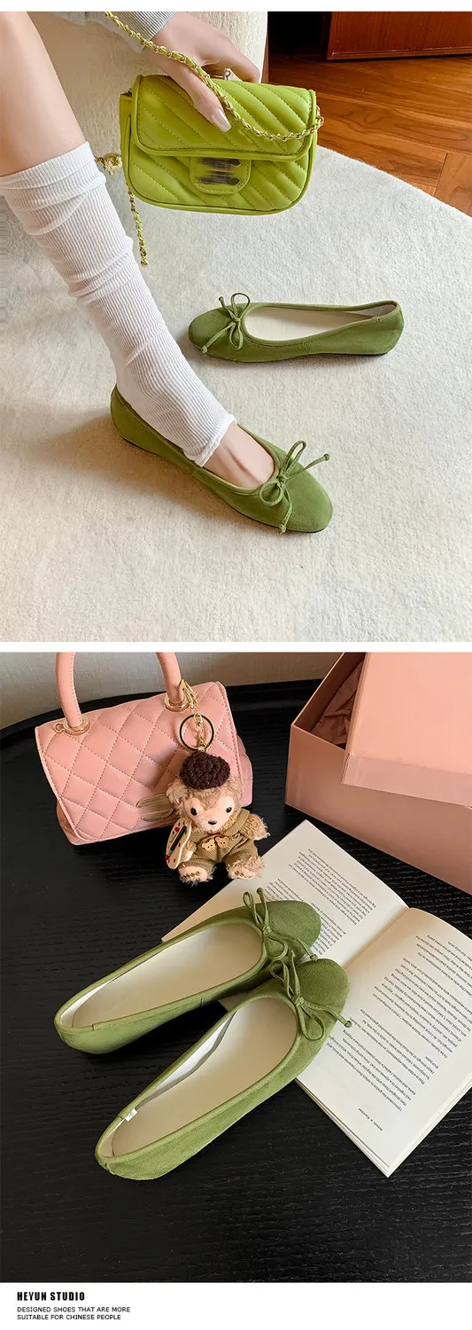 Soft sheepskin fashionable women's shoes for spring and autumn, round toe, low mouth, slip-on, flat heel, bow.