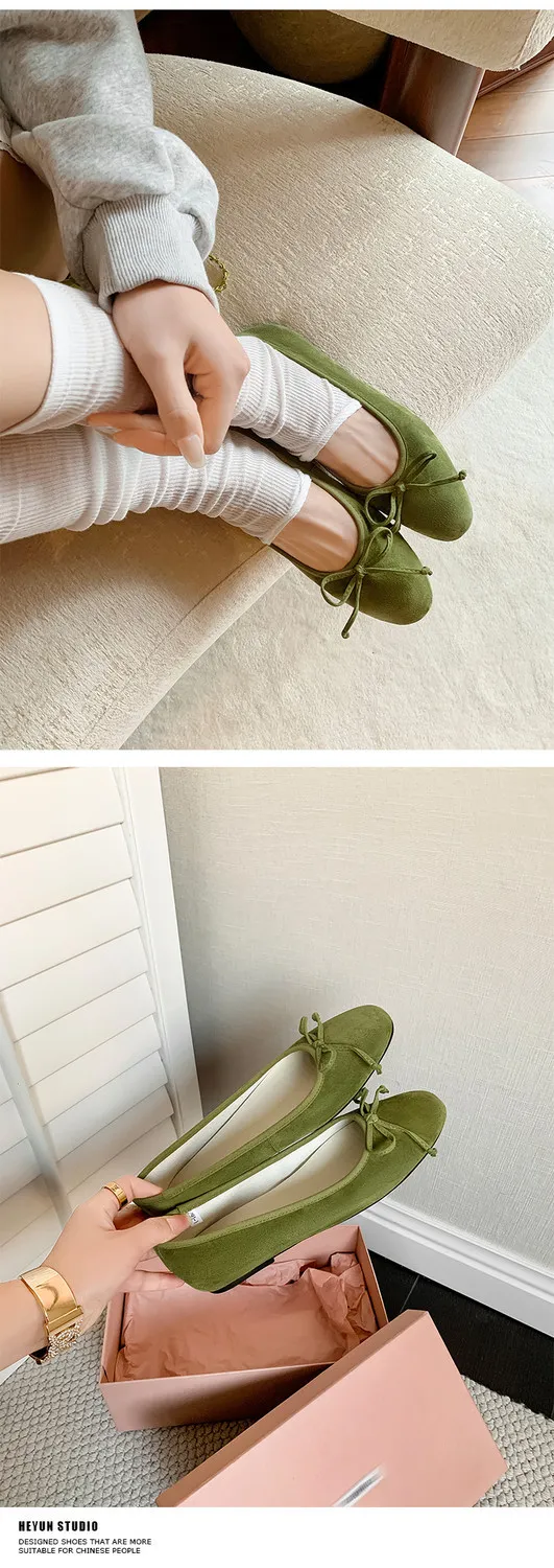 Soft sheepskin fashionable women's shoes for spring and autumn, round toe, low mouth, slip-on, flat heel, bow.