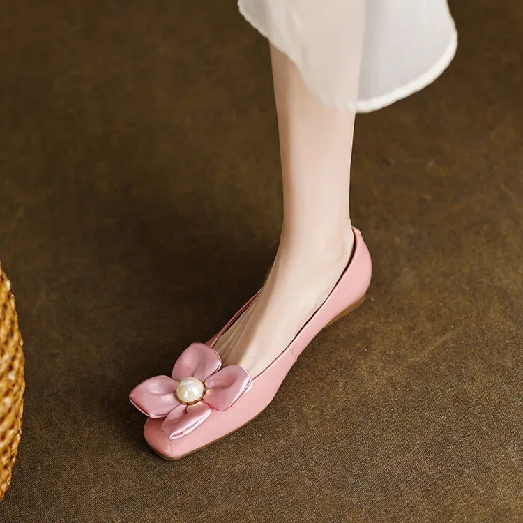 Spring square-toe low-heeled flat shoes with pearl and flower fairy style cowhide fashion shoes for women