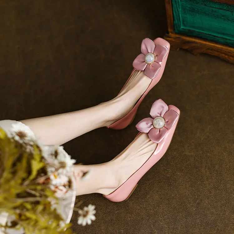 Spring square-toe low-heeled flat shoes with pearl and flower fairy style cowhide fashion shoes for women