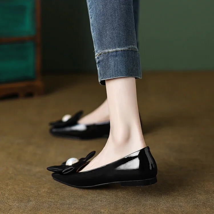 Spring square-toe low-heeled flat shoes with pearl and flower fairy style cowhide fashion shoes for women
