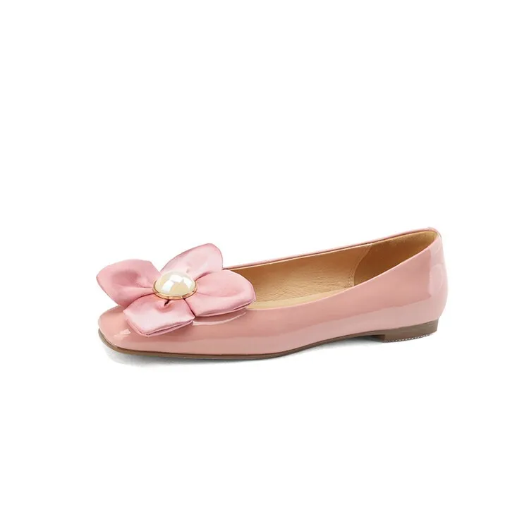 Spring square-toe low-heeled flat shoes with pearl and flower fairy style cowhide fashion shoes for women