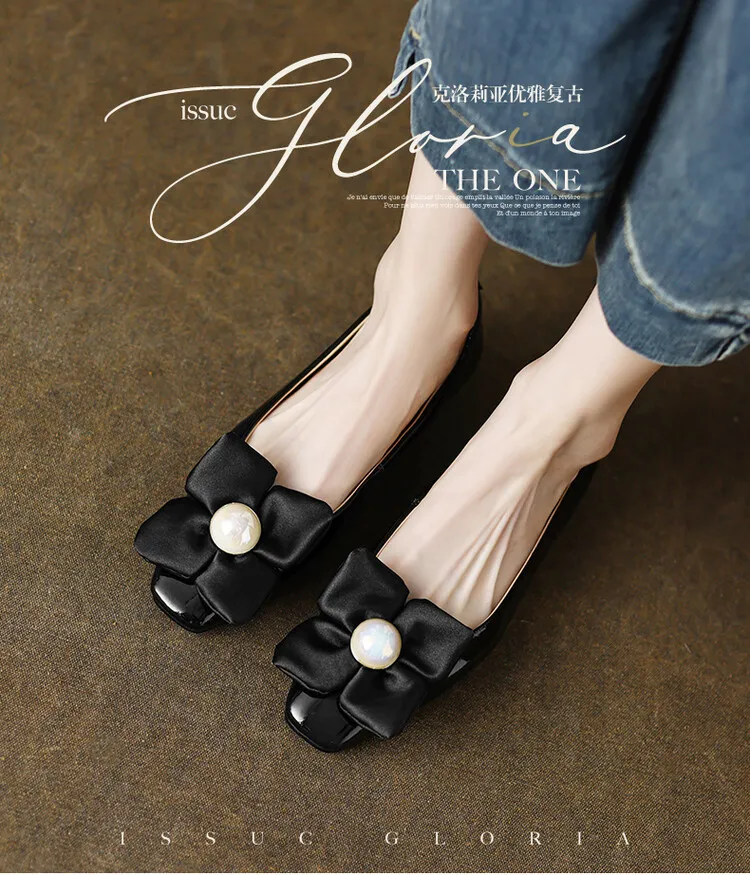Spring square-toe low-heeled flat shoes with pearl and flower fairy style cowhide fashion shoes for women