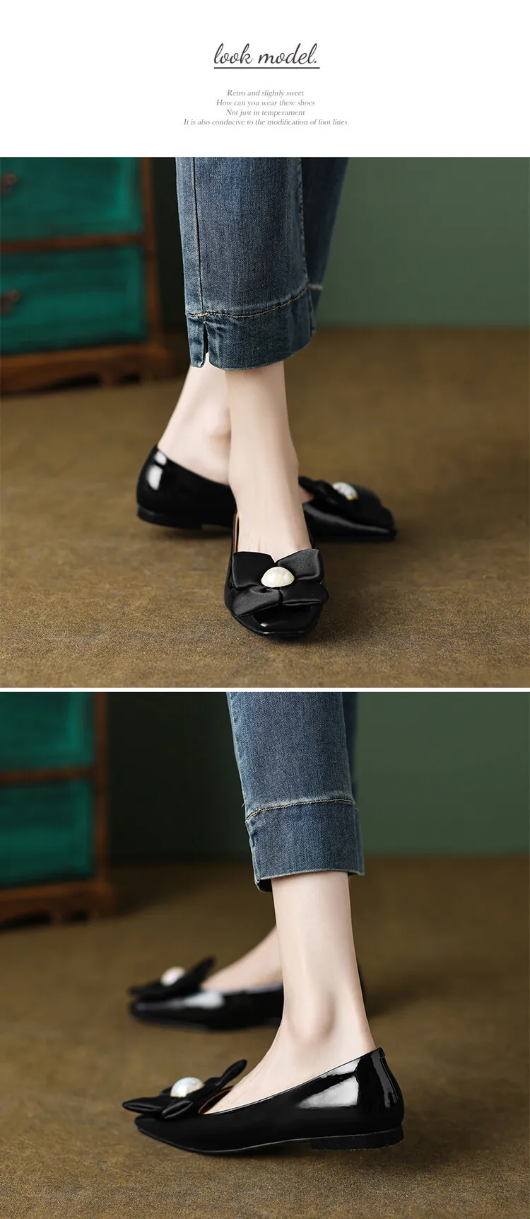 Spring square-toe low-heeled flat shoes with pearl and flower fairy style cowhide fashion shoes for women