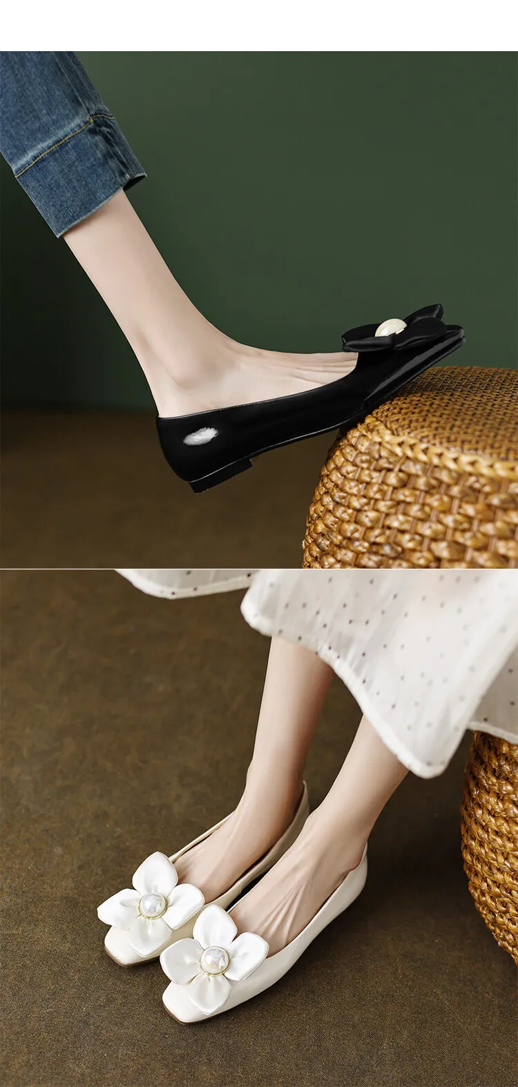 Spring square-toe low-heeled flat shoes with pearl and flower fairy style cowhide fashion shoes for women