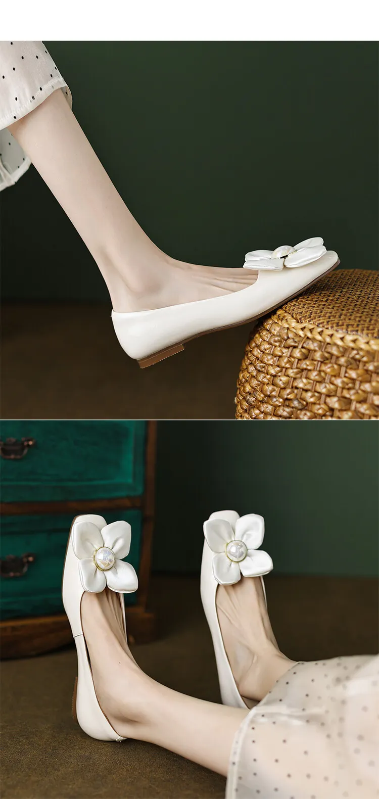 Spring square-toe low-heeled flat shoes with pearl and flower fairy style cowhide fashion shoes for women