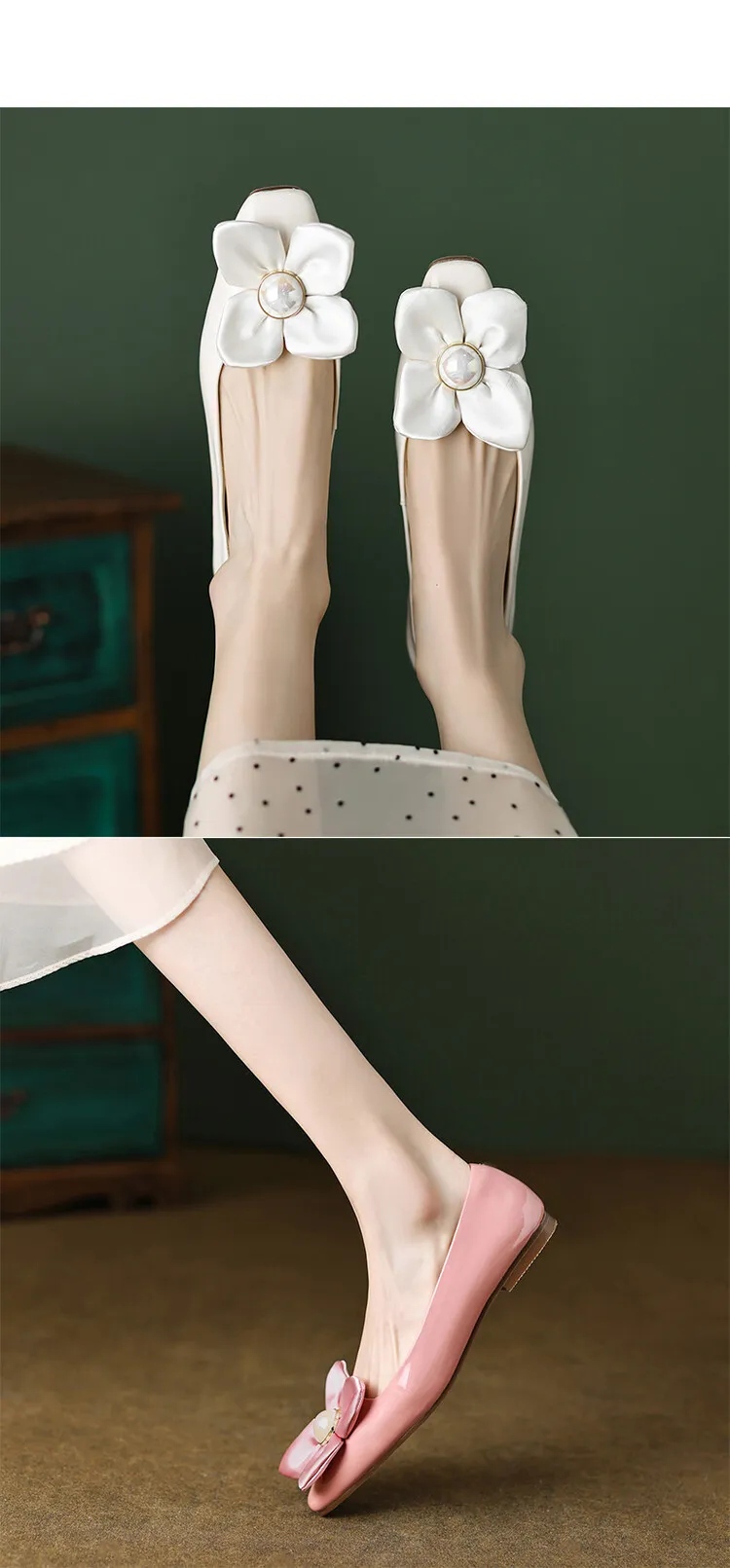 Spring square-toe low-heeled flat shoes with pearl and flower fairy style cowhide fashion shoes for women