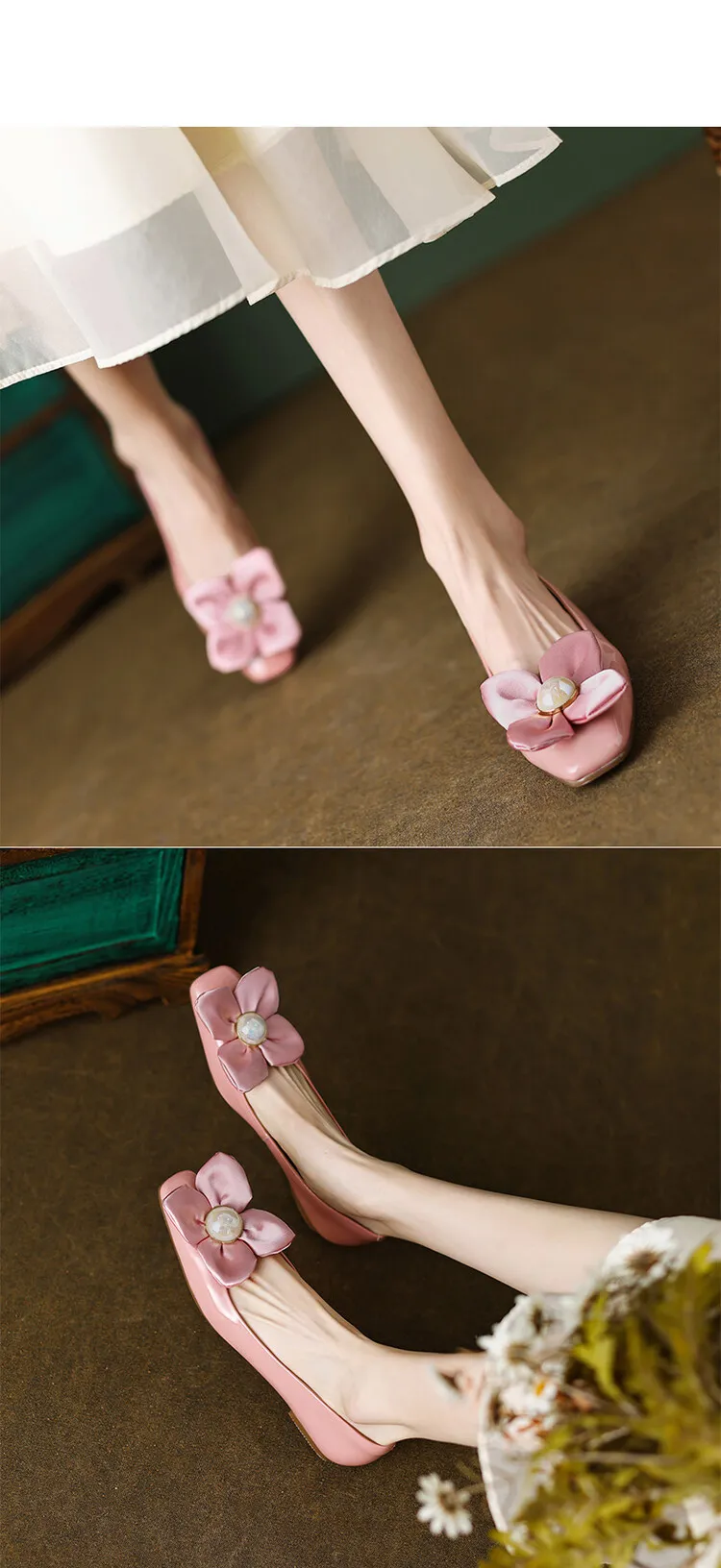 Spring square-toe low-heeled flat shoes with pearl and flower fairy style cowhide fashion shoes for women
