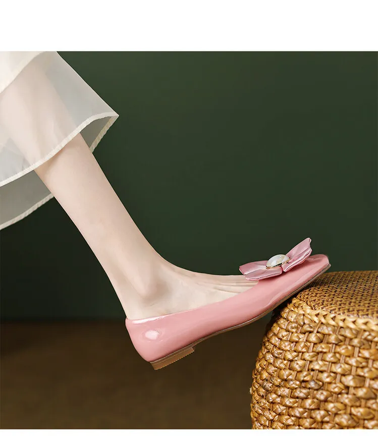 Spring square-toe low-heeled flat shoes with pearl and flower fairy style cowhide fashion shoes for women