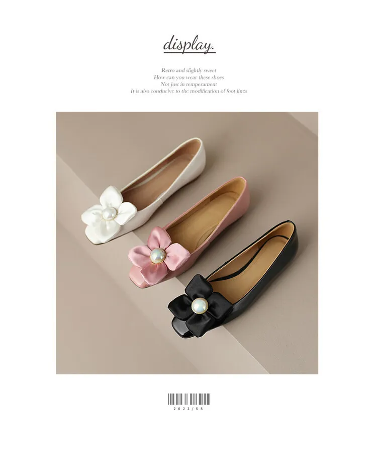 Spring square-toe low-heeled flat shoes with pearl and flower fairy style cowhide fashion shoes for women