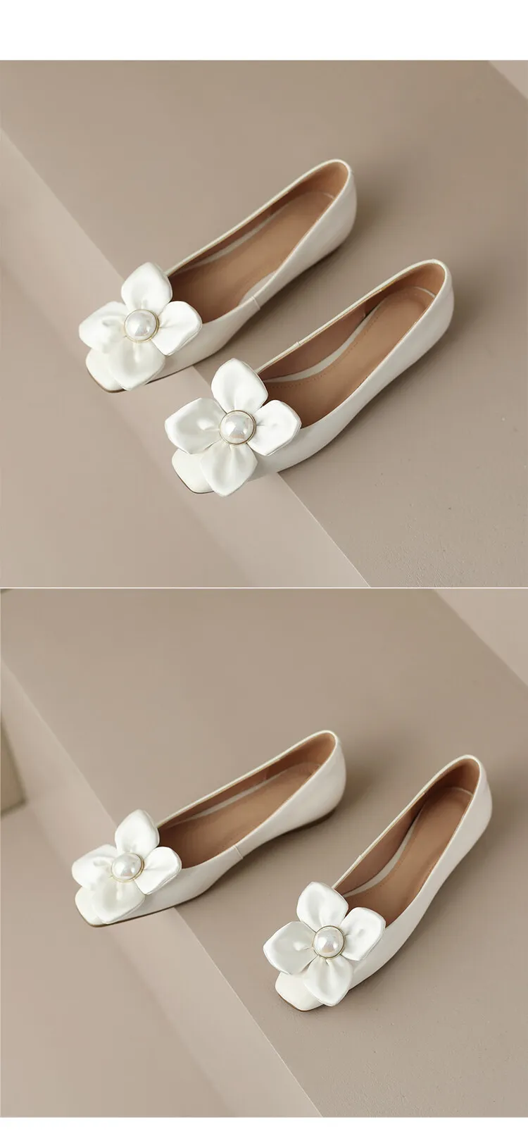 Spring square-toe low-heeled flat shoes with pearl and flower fairy style cowhide fashion shoes for women