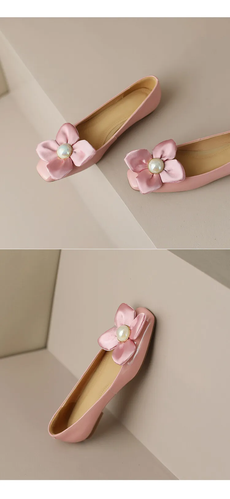 Spring square-toe low-heeled flat shoes with pearl and flower fairy style cowhide fashion shoes for women