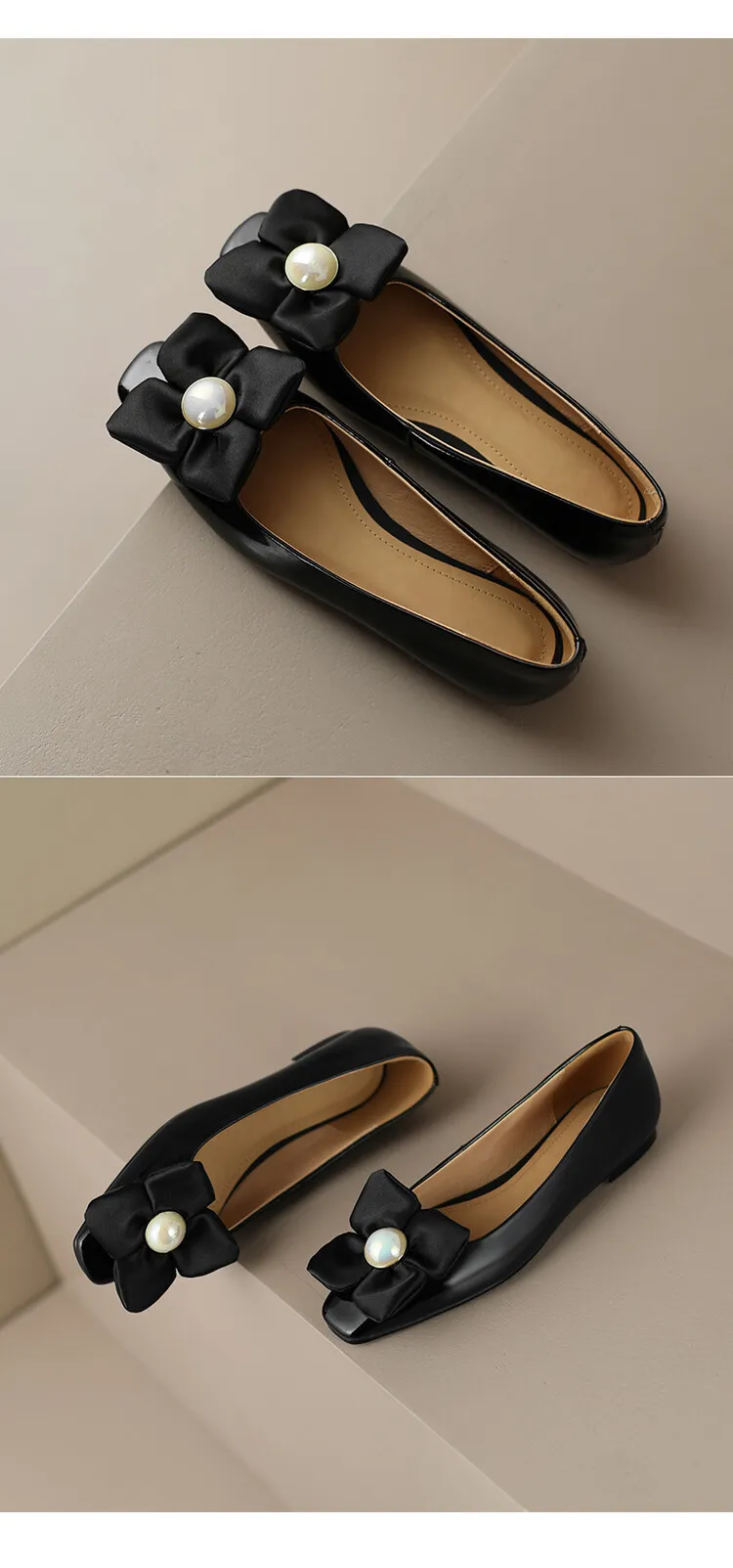 Spring square-toe low-heeled flat shoes with pearl and flower fairy style cowhide fashion shoes for women