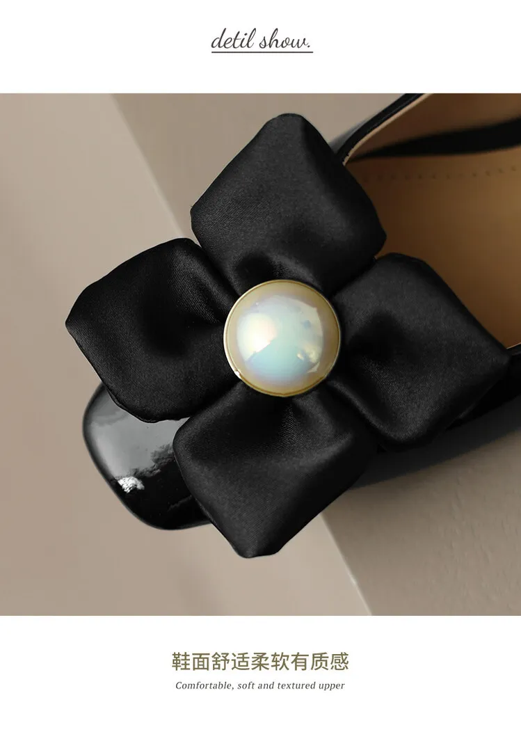 Spring square-toe low-heeled flat shoes with pearl and flower fairy style cowhide fashion shoes for women