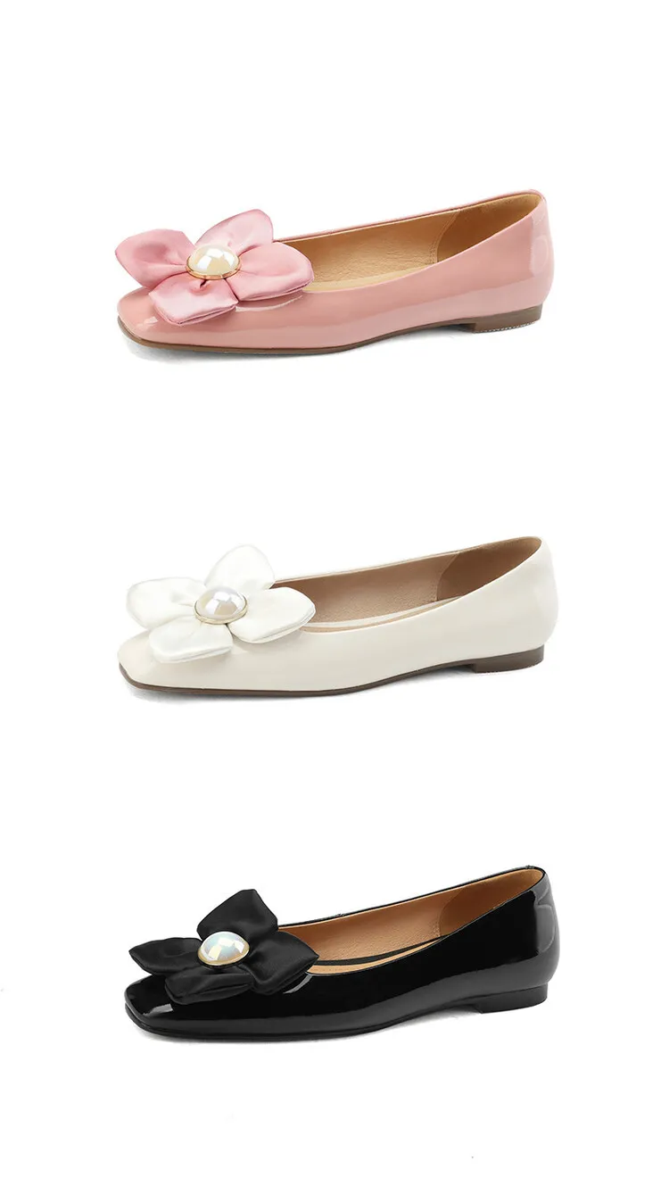 Spring square-toe low-heeled flat shoes with pearl and flower fairy style cowhide fashion shoes for women