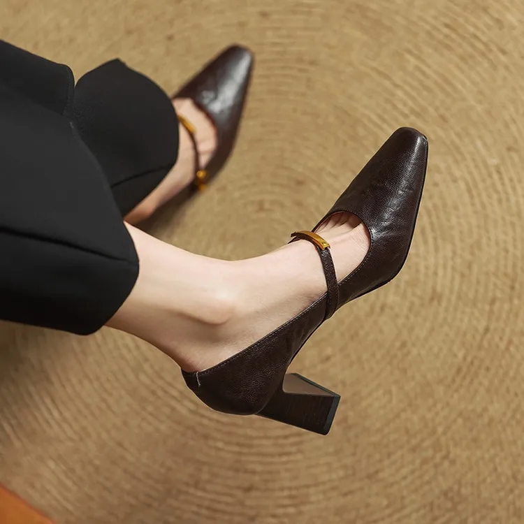 Spring square-toe chunky heel high-heeled buckle low-cut single shoes, sheepskin, black and brown fashion women's shoes