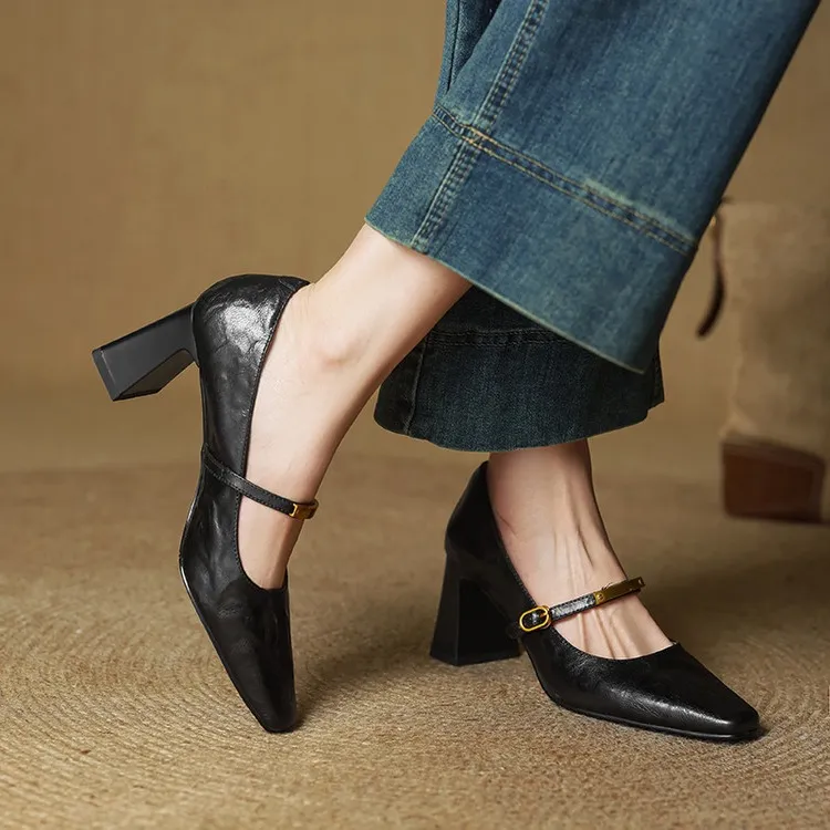Spring square-toe chunky heel high-heeled buckle low-cut single shoes, sheepskin, black and brown fashion women's shoes