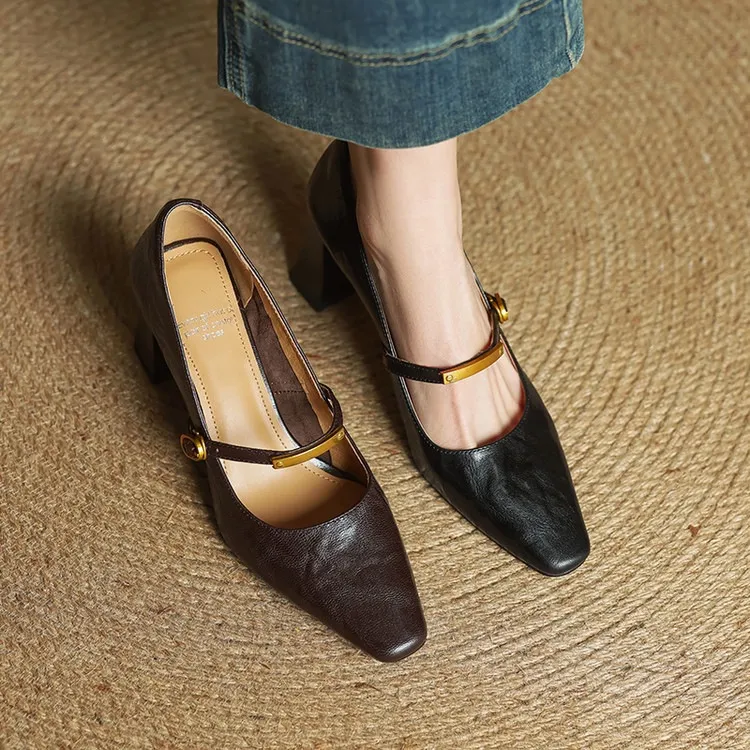 Spring square-toe chunky heel high-heeled buckle low-cut single shoes, sheepskin, black and brown fashion women's shoes