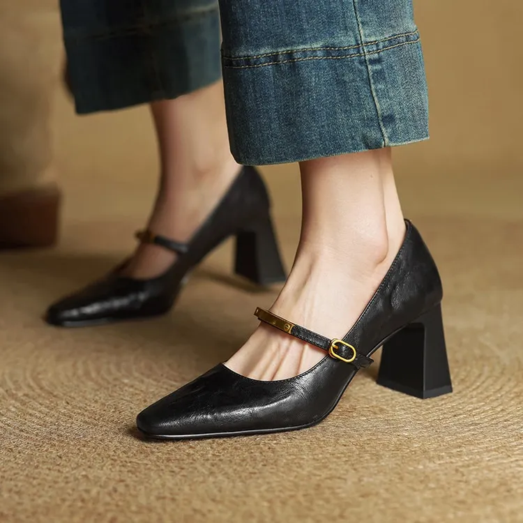 Spring square-toe chunky heel high-heeled buckle low-cut single shoes, sheepskin, black and brown fashion women's shoes