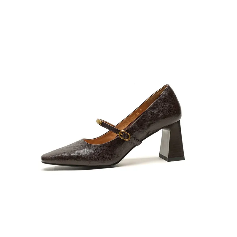 Spring square-toe chunky heel high-heeled buckle low-cut single shoes, sheepskin, black and brown fashion women's shoes