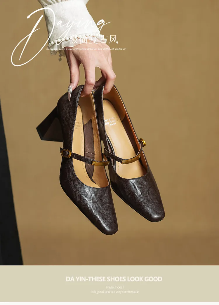 Spring square-toe chunky heel high-heeled buckle low-cut single shoes, sheepskin, black and brown fashion women's shoes