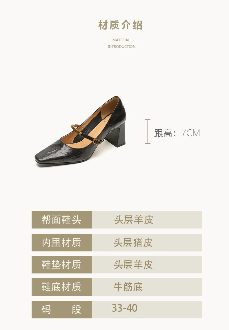 Spring square-toe chunky heel high-heeled buckle low-cut single shoes, sheepskin, black and brown fashion women's shoes
