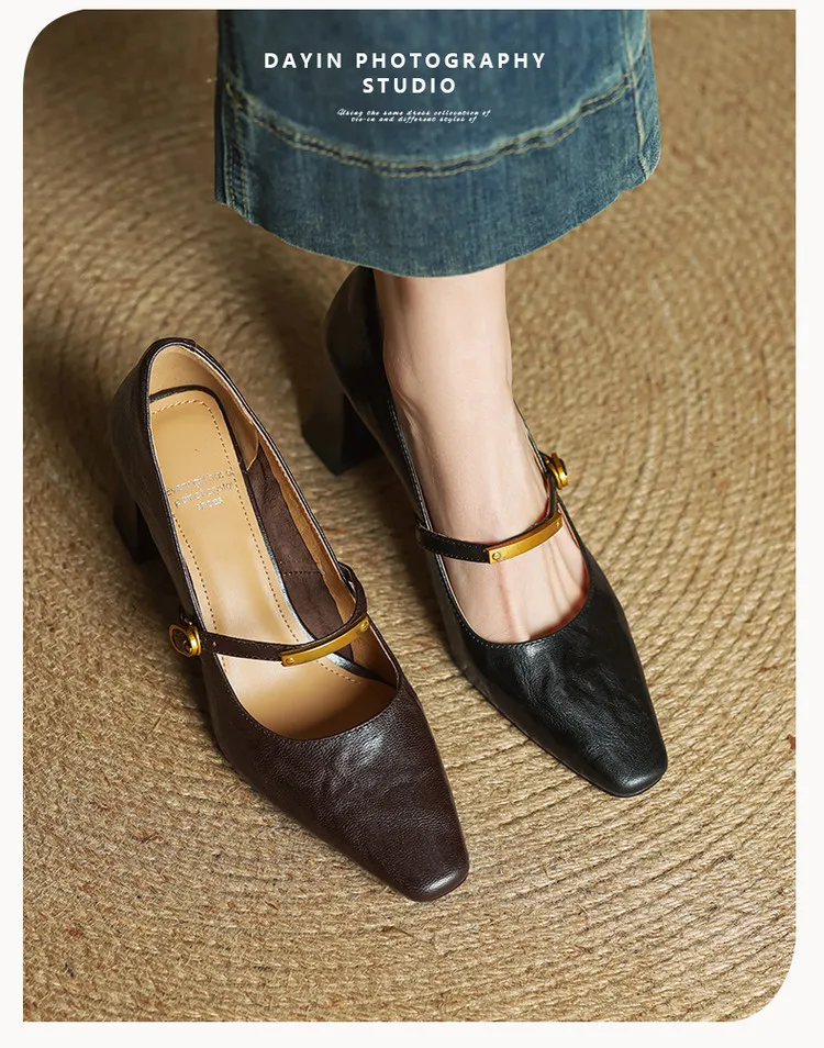 Spring square-toe chunky heel high-heeled buckle low-cut single shoes, sheepskin, black and brown fashion women's shoes