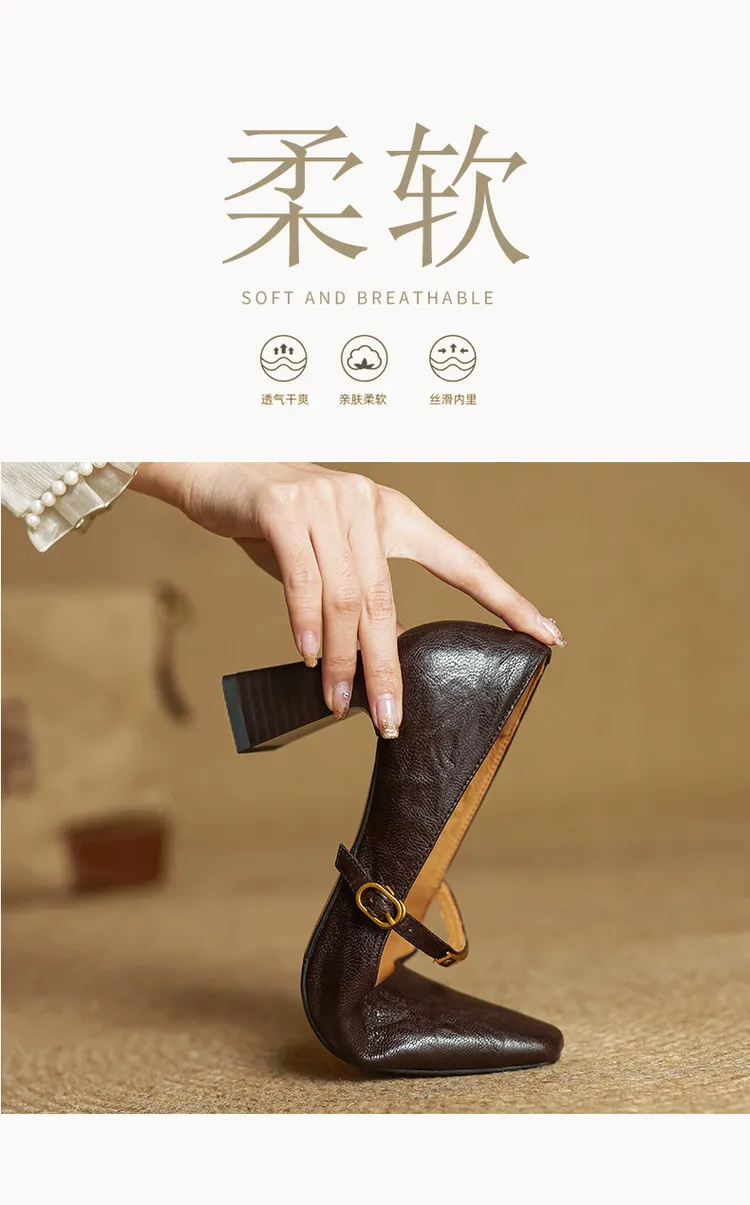 Spring square-toe chunky heel high-heeled buckle low-cut single shoes, sheepskin, black and brown fashion women's shoes