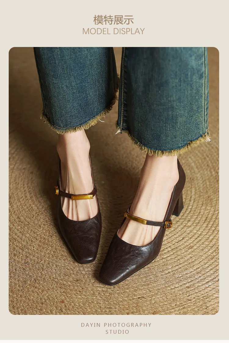 Spring square-toe chunky heel high-heeled buckle low-cut single shoes, sheepskin, black and brown fashion women's shoes