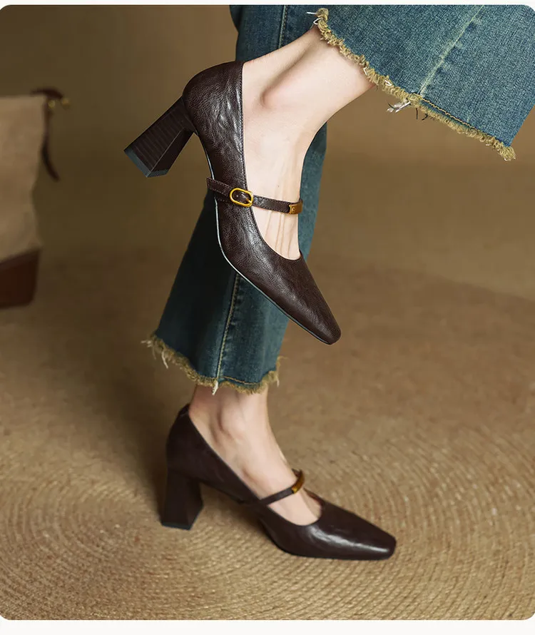Spring square-toe chunky heel high-heeled buckle low-cut single shoes, sheepskin, black and brown fashion women's shoes