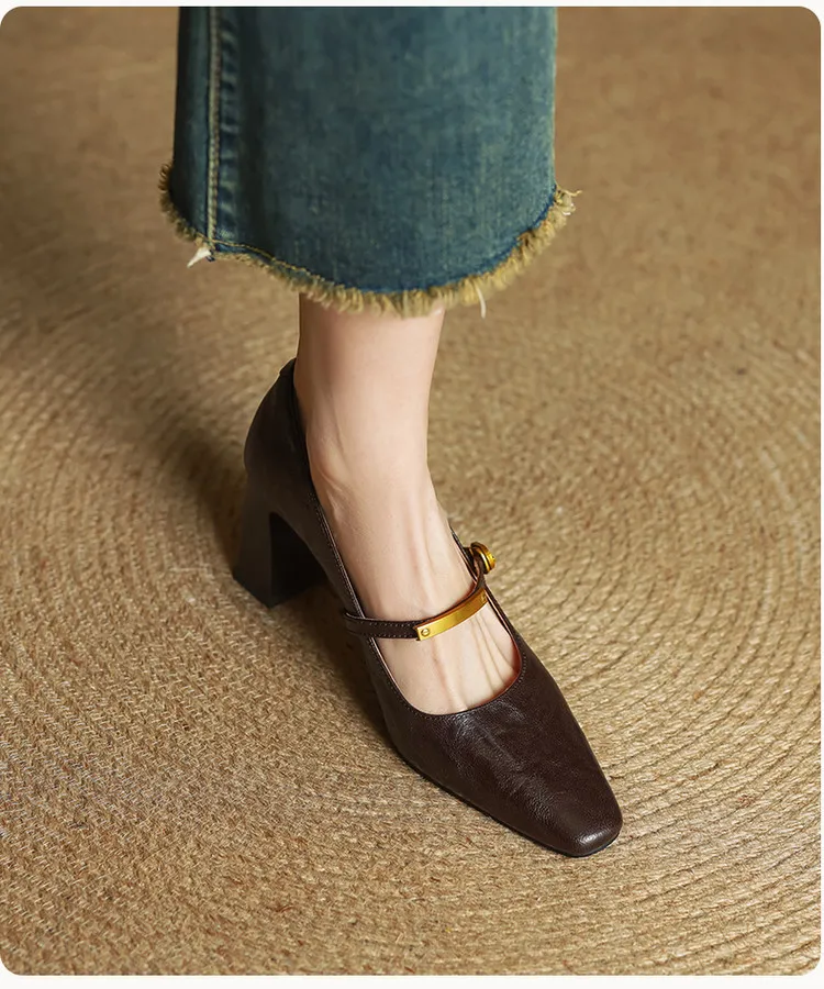 Spring square-toe chunky heel high-heeled buckle low-cut single shoes, sheepskin, black and brown fashion women's shoes
