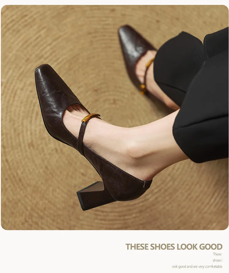Spring square-toe chunky heel high-heeled buckle low-cut single shoes, sheepskin, black and brown fashion women's shoes