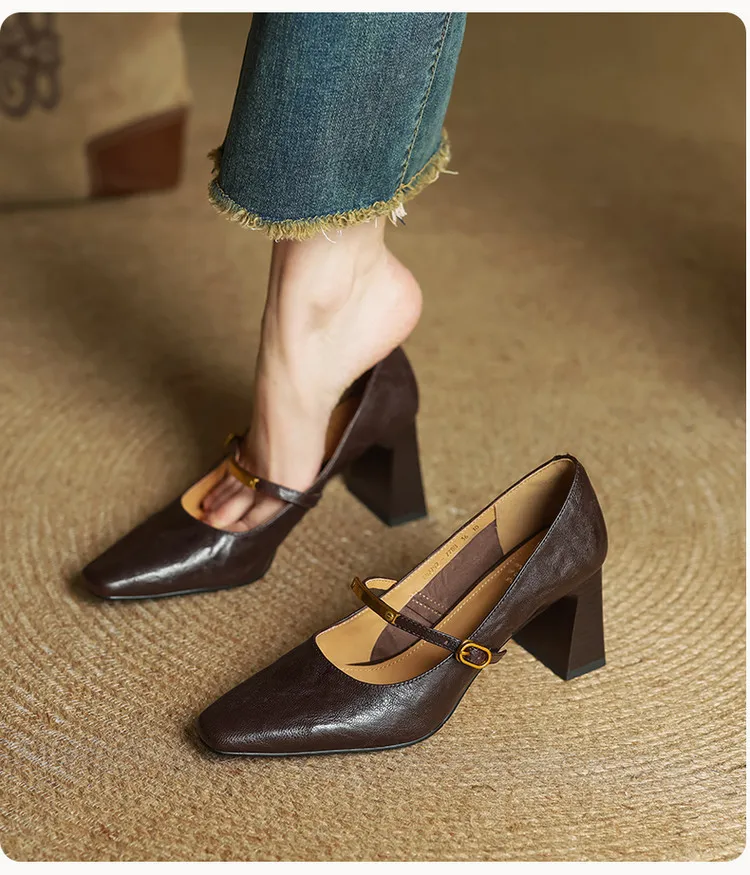 Spring square-toe chunky heel high-heeled buckle low-cut single shoes, sheepskin, black and brown fashion women's shoes