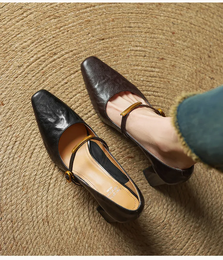 Spring square-toe chunky heel high-heeled buckle low-cut single shoes, sheepskin, black and brown fashion women's shoes
