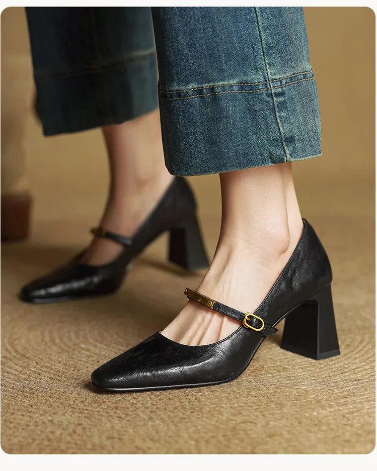Spring square-toe chunky heel high-heeled buckle low-cut single shoes, sheepskin, black and brown fashion women's shoes
