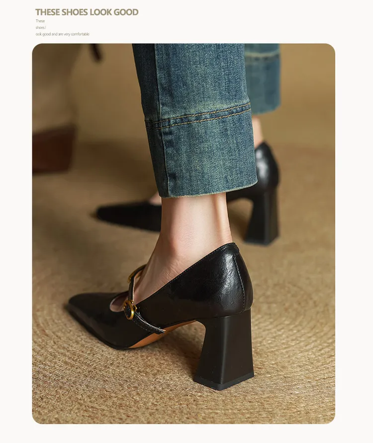 Spring square-toe chunky heel high-heeled buckle low-cut single shoes, sheepskin, black and brown fashion women's shoes