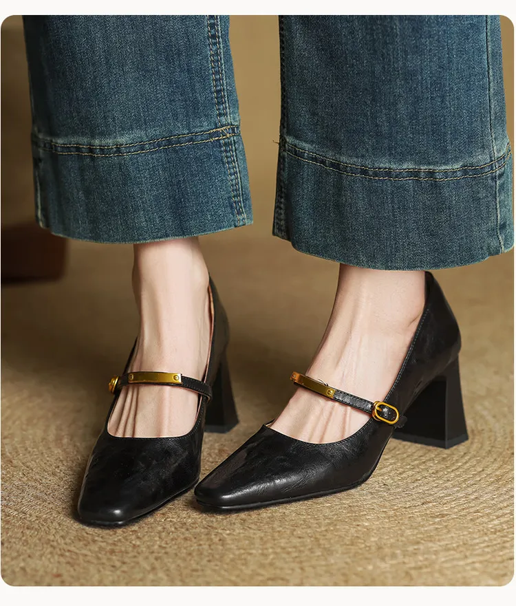Spring square-toe chunky heel high-heeled buckle low-cut single shoes, sheepskin, black and brown fashion women's shoes