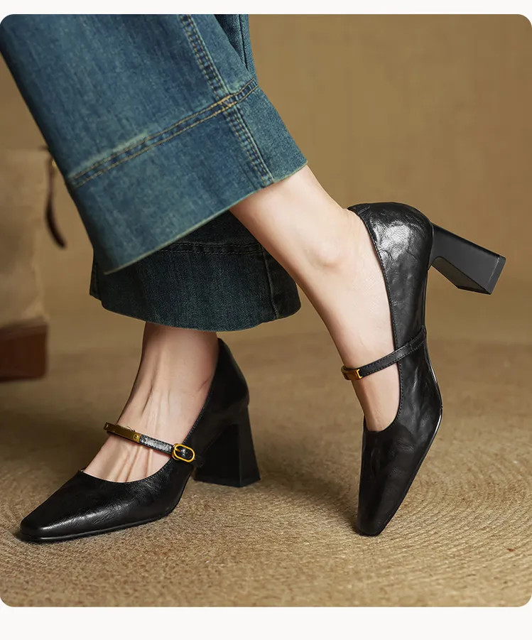 Spring square-toe chunky heel high-heeled buckle low-cut single shoes, sheepskin, black and brown fashion women's shoes