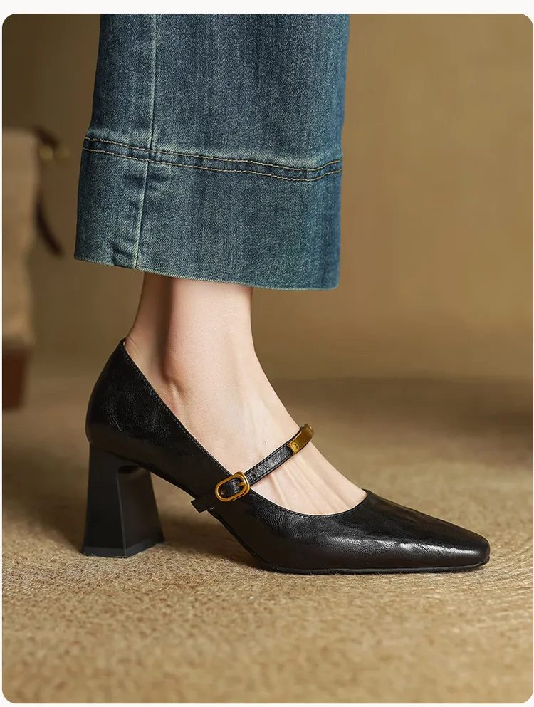 Spring square-toe chunky heel high-heeled buckle low-cut single shoes, sheepskin, black and brown fashion women's shoes