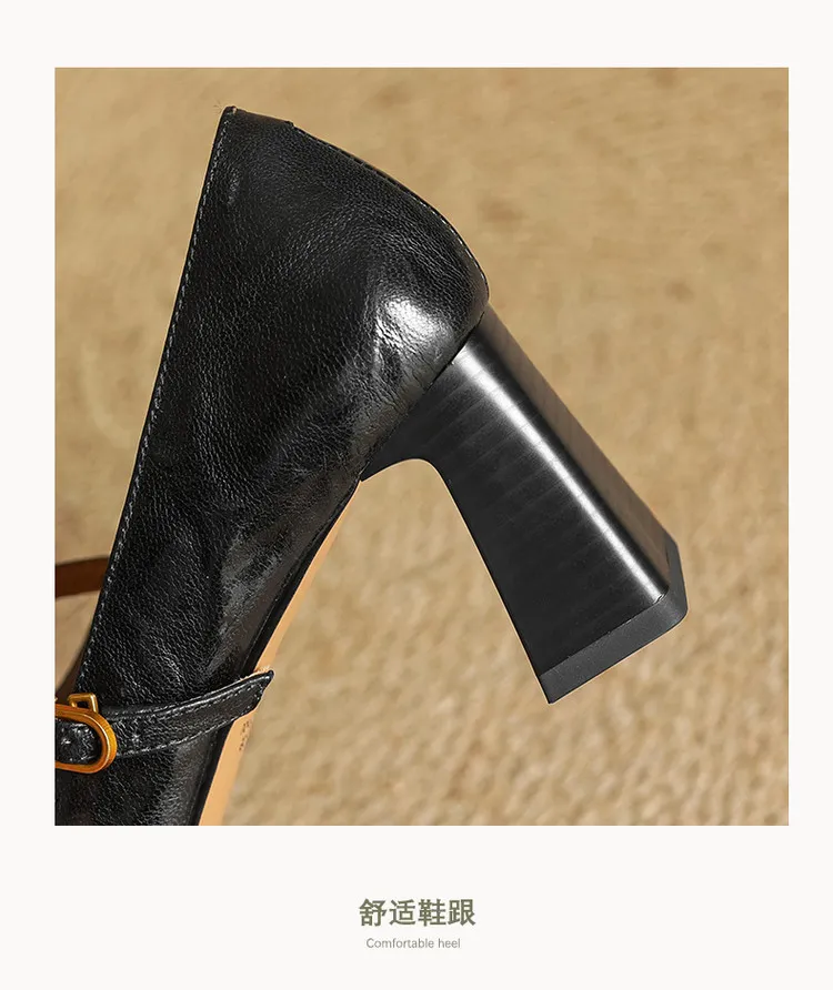 Spring square-toe chunky heel high-heeled buckle low-cut single shoes, sheepskin, black and brown fashion women's shoes