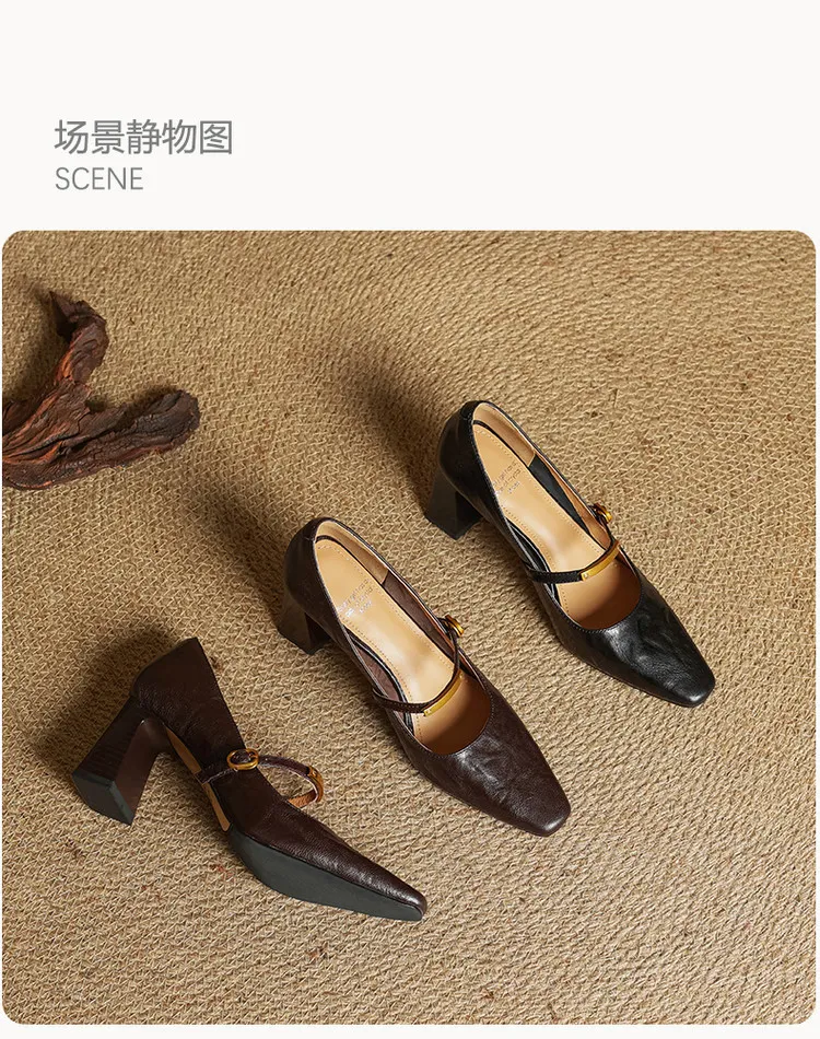 Spring square-toe chunky heel high-heeled buckle low-cut single shoes, sheepskin, black and brown fashion women's shoes