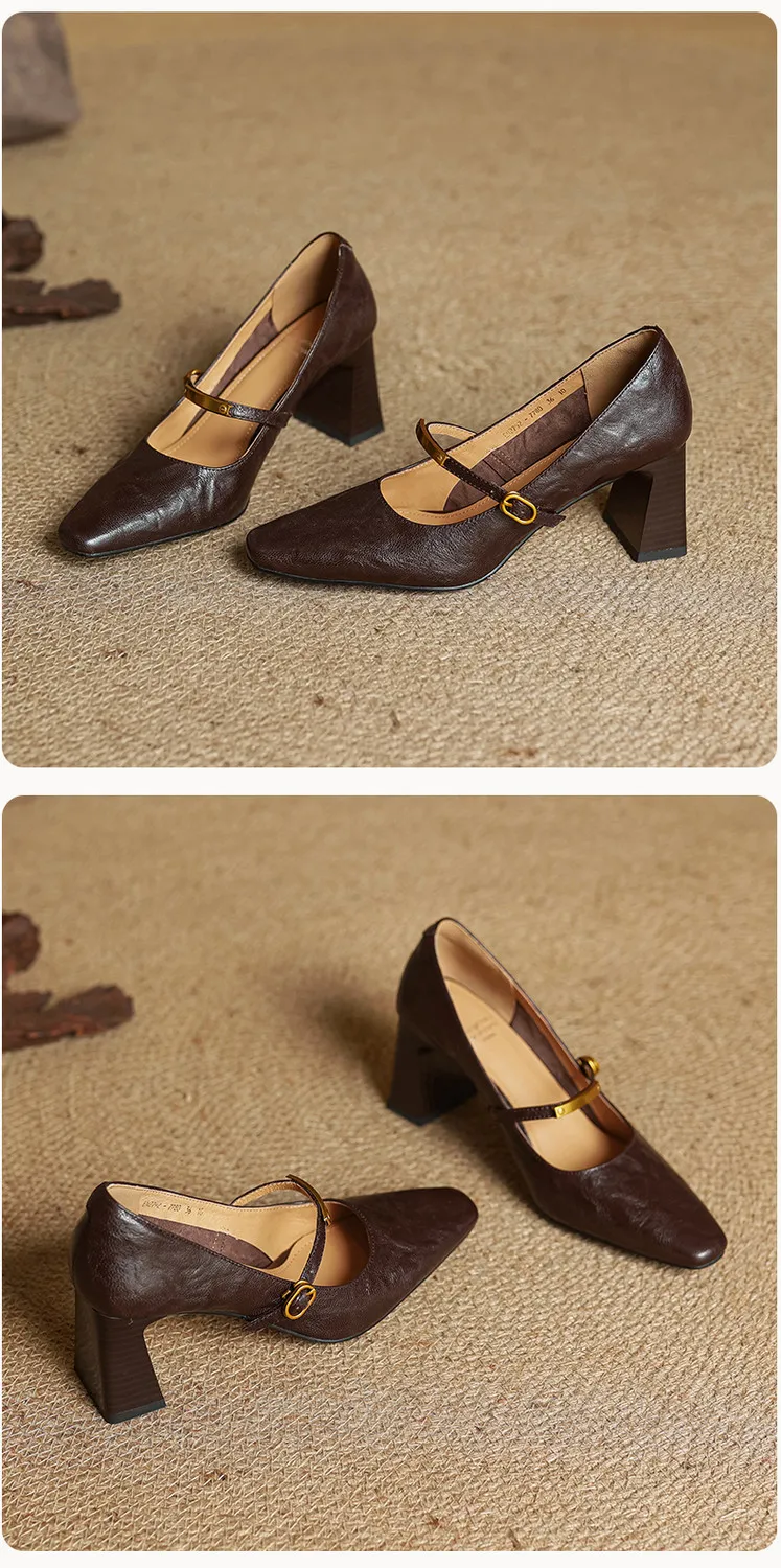 Spring square-toe chunky heel high-heeled buckle low-cut single shoes, sheepskin, black and brown fashion women's shoes