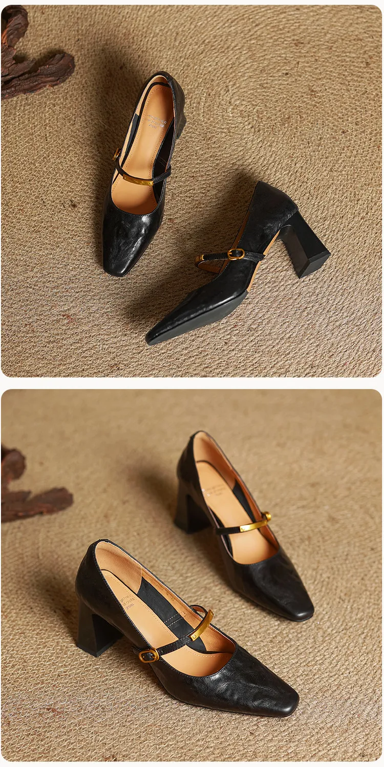 Spring square-toe chunky heel high-heeled buckle low-cut single shoes, sheepskin, black and brown fashion women's shoes