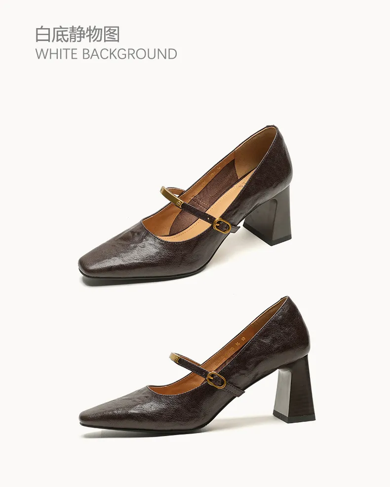 Spring square-toe chunky heel high-heeled buckle low-cut single shoes, sheepskin, black and brown fashion women's shoes