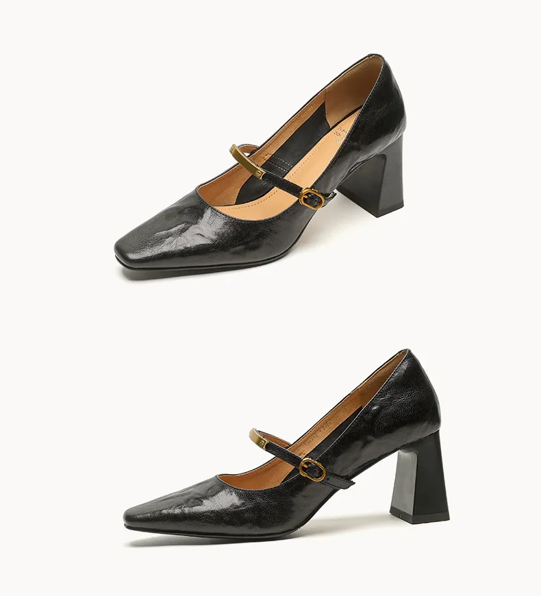 Spring square-toe chunky heel high-heeled buckle low-cut single shoes, sheepskin, black and brown fashion women's shoes