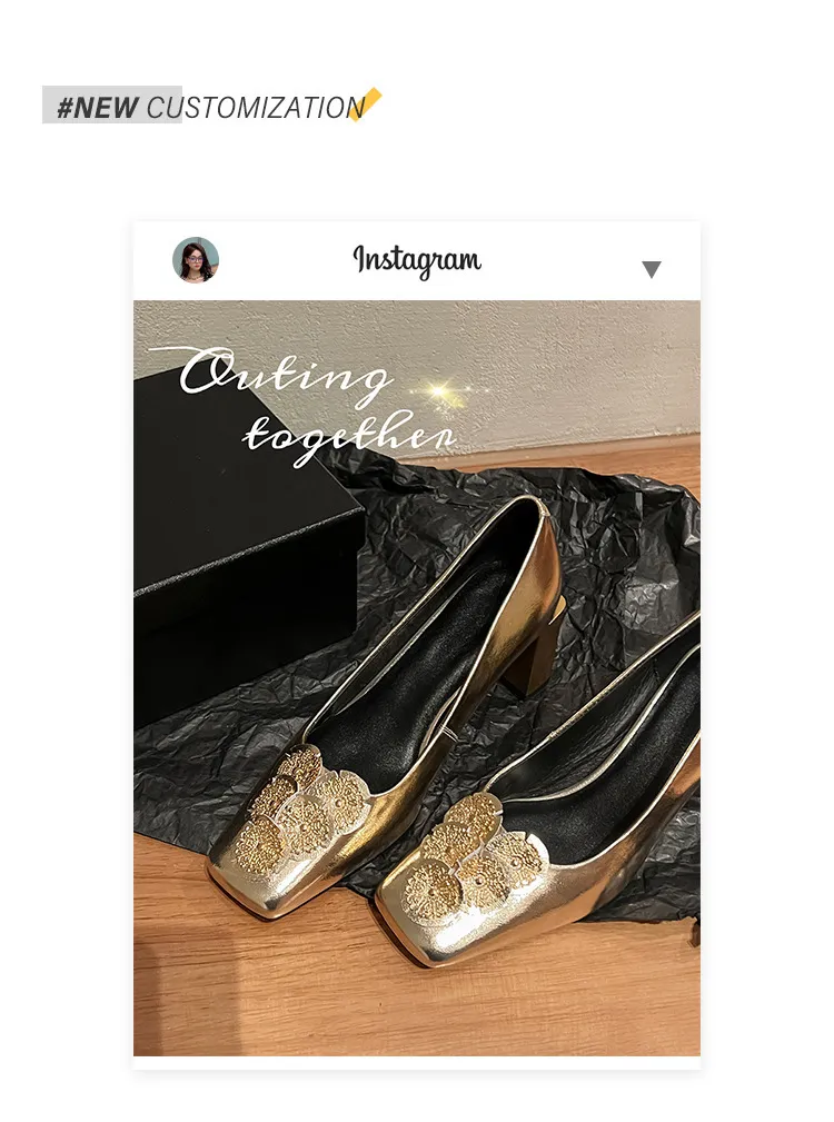 Gold and silver light luxury women's shoes, spring and autumn style, niche design, square toe, chunky heel, French style single shoes for women.