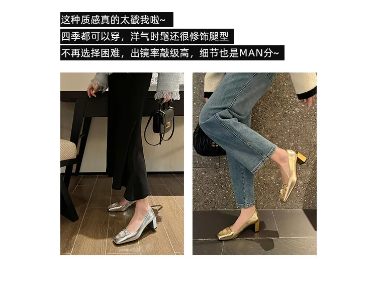 Gold and silver light luxury women's shoes, spring and autumn style, niche design, square toe, chunky heel, French style single shoes for women.